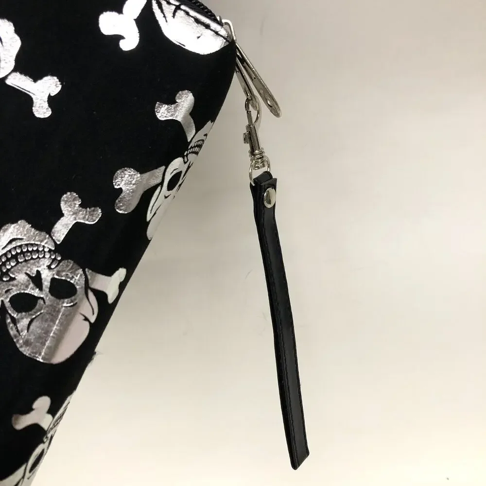 Black And White Skull Long Thick Bifold Wallet, 8x4x1.5”, 2 Compartment Dual Zip